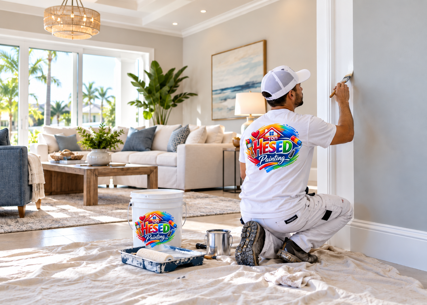 Professional painter working in a clean commercial space for Hesed Painting
